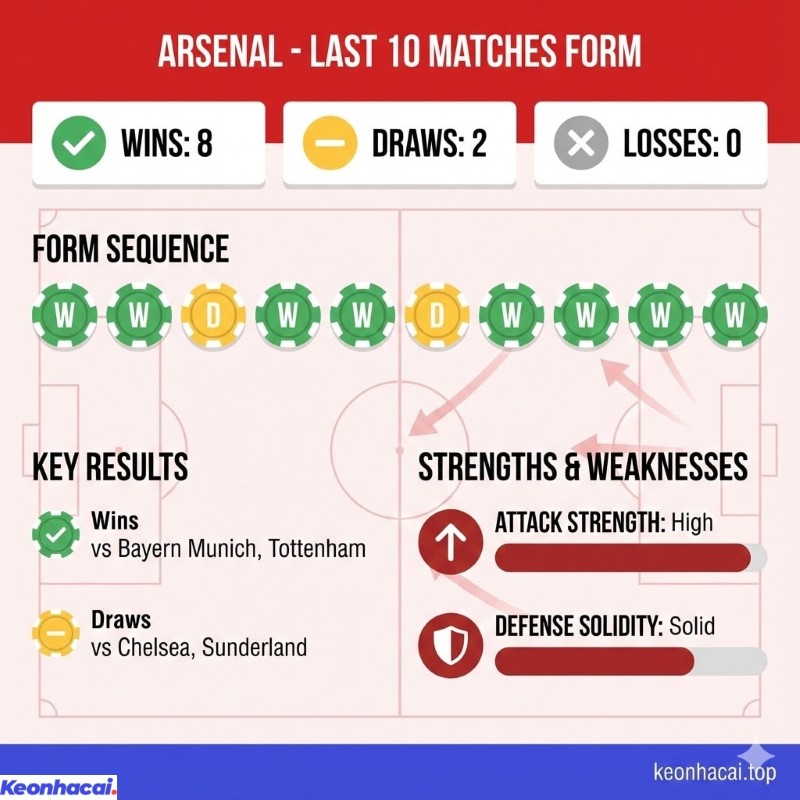 Infographic thống kê phong độ 10 trận gần nhất của Arsenal với 8 thắng và 2 thua 