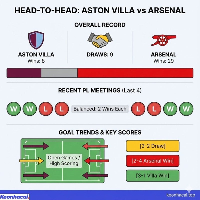 Infographic so sánh lịch sử đối đầu và phong độ gần đây giữa Aston Villa vs Arsenal, hiển thị tổng số trận thắng và các tỉ số trận đấu tiêu biểu.