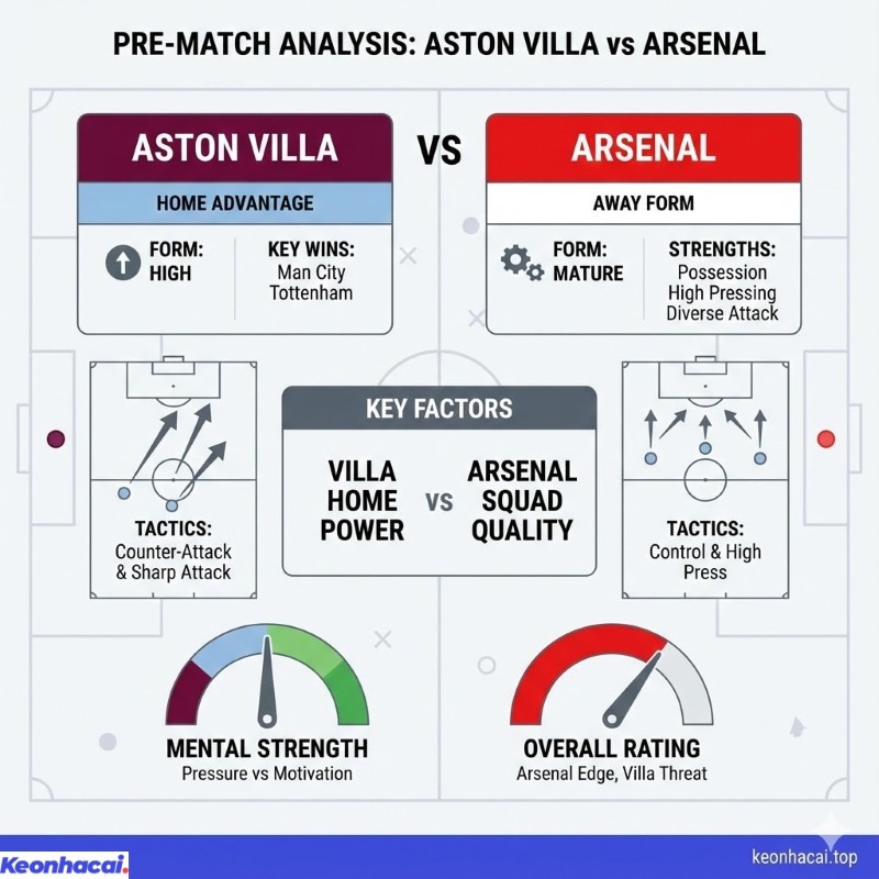 So sánh phong độ, chiến thuật và điểm mạnh trước trận đấu giữa Aston Villa và Arsenal trên bảng phân tích