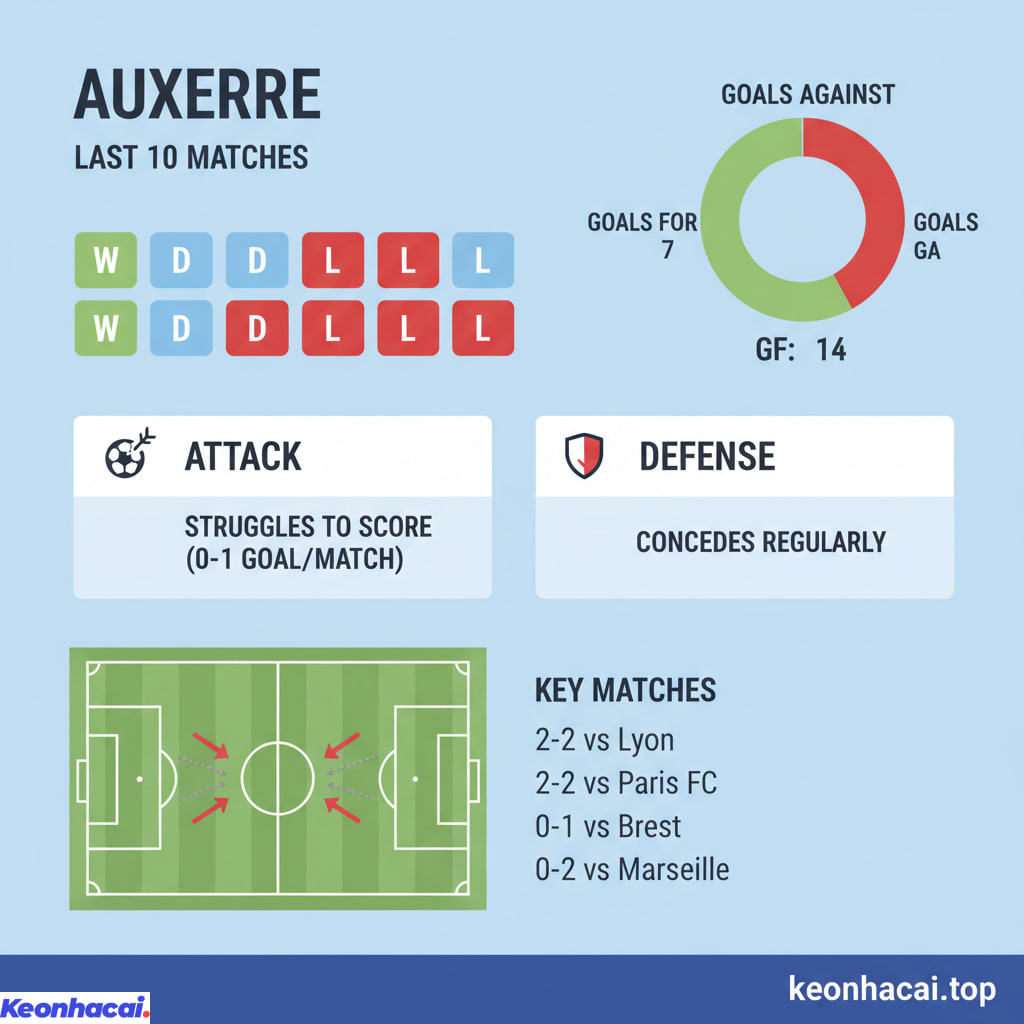 Trong 10 trận gần nhất, Auxerre chỉ giành được 1 chiến thắng duy nhất, hòa 3 và phải nhận tới 6 thất bại