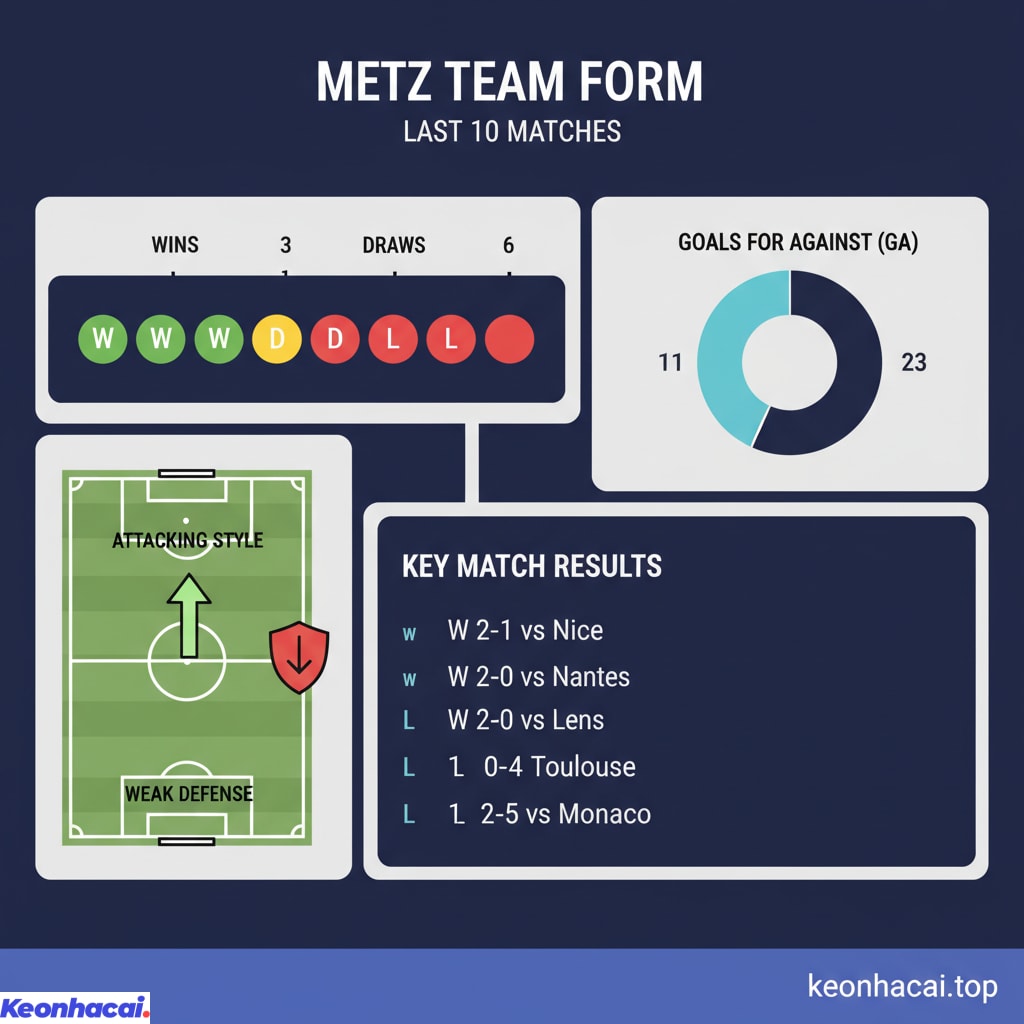Trong 10 trận đấu gần nhất Metz có được 3 chiến thắng, 1 trận hòa và 6 thất bạ
