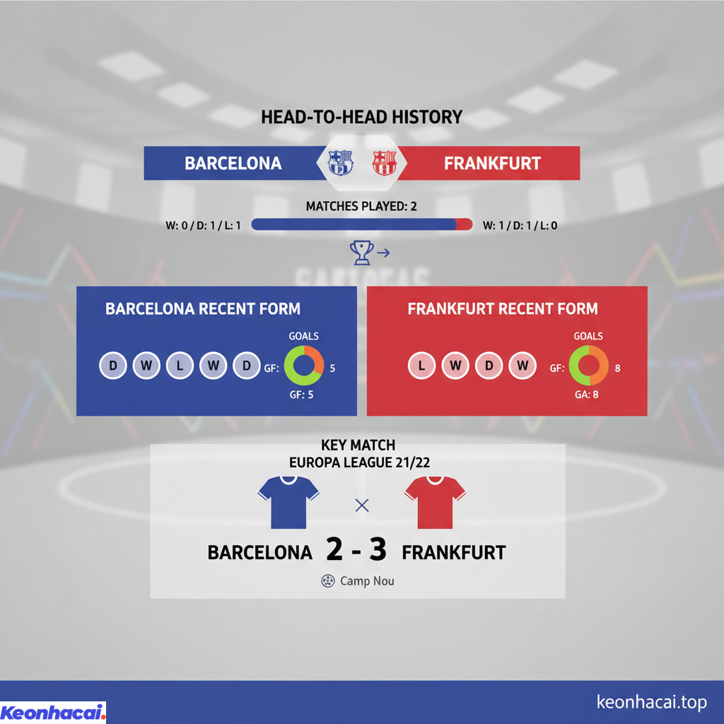 Frankfurt lại là đội chiếm ưu thế trong lịch sử đối đầu trực tiếp, với 1 chiến thắng và 1 trận hòa dù Barcelona được đánh giá cao hơn
