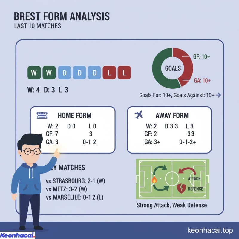 Trong 10 trận gần nhất Brest  có 4 chiến thắng, 3 trận hòa và để thua 3 trận