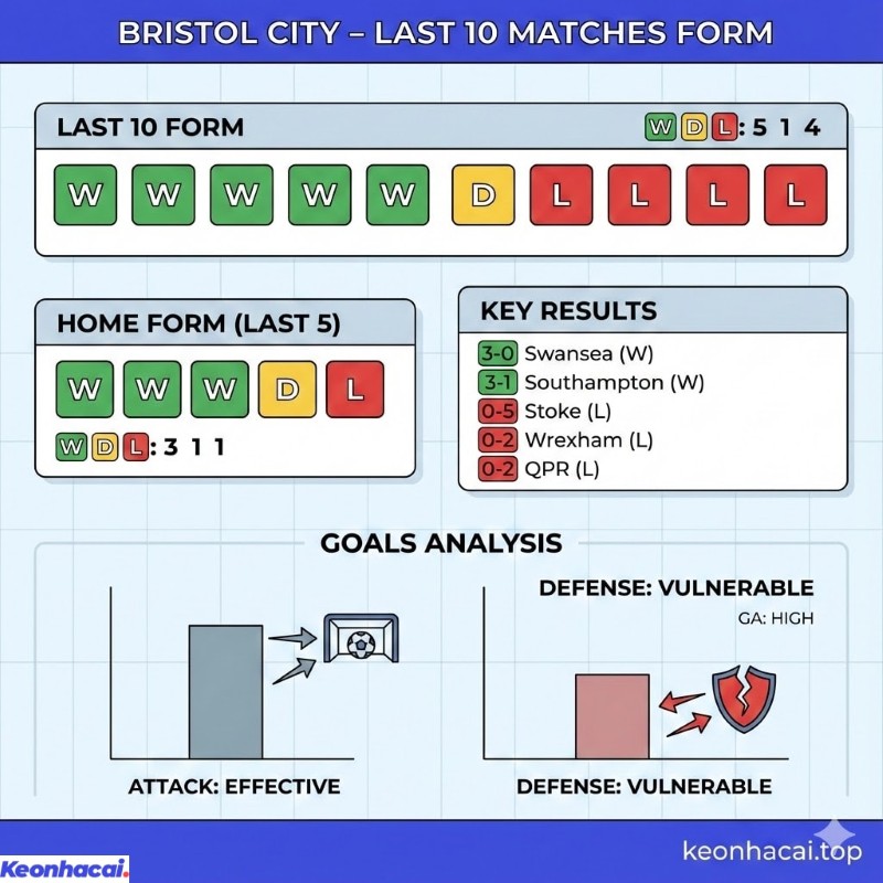 Infographic thống kê phong độ 10 trận gần nhất, kết quả sân nhà và các tỉ số tiêu biểu của Bristol City