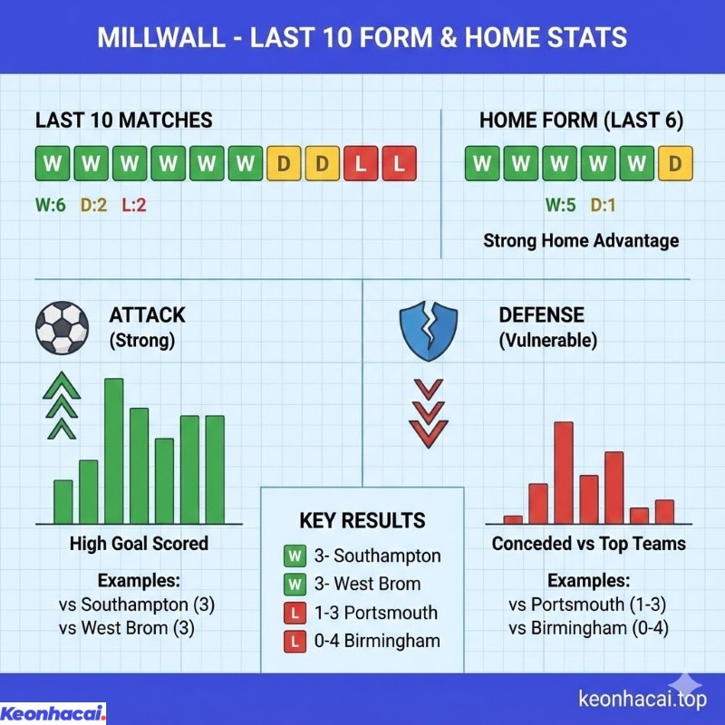 Infographic phân tích phong độ Millwall với 6 chiến thắng trong 10 trận và hiệu suất sân nhà cao