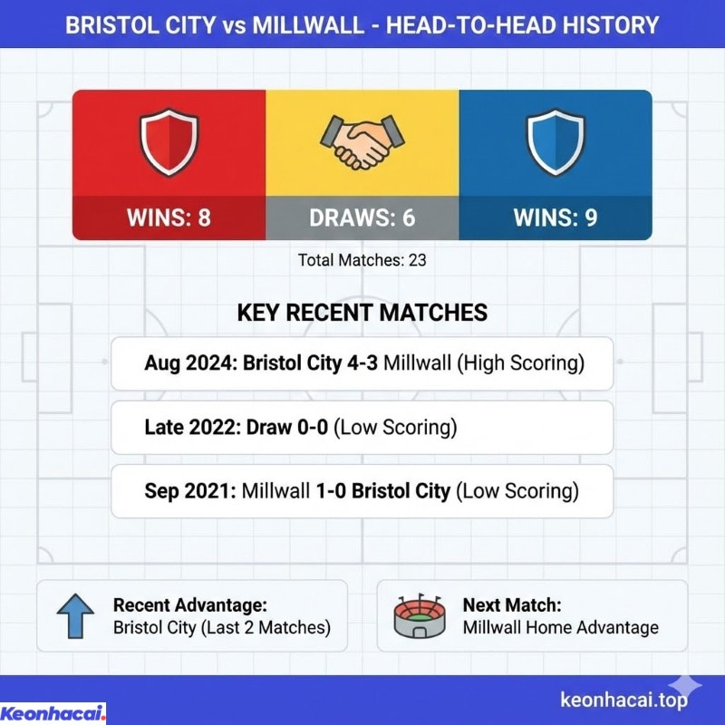 Infographic so sánh đối đầu Bristol City vs Millwall với 9 chiến thắng cho Millwall và 8 trận thắng cho Bristol
