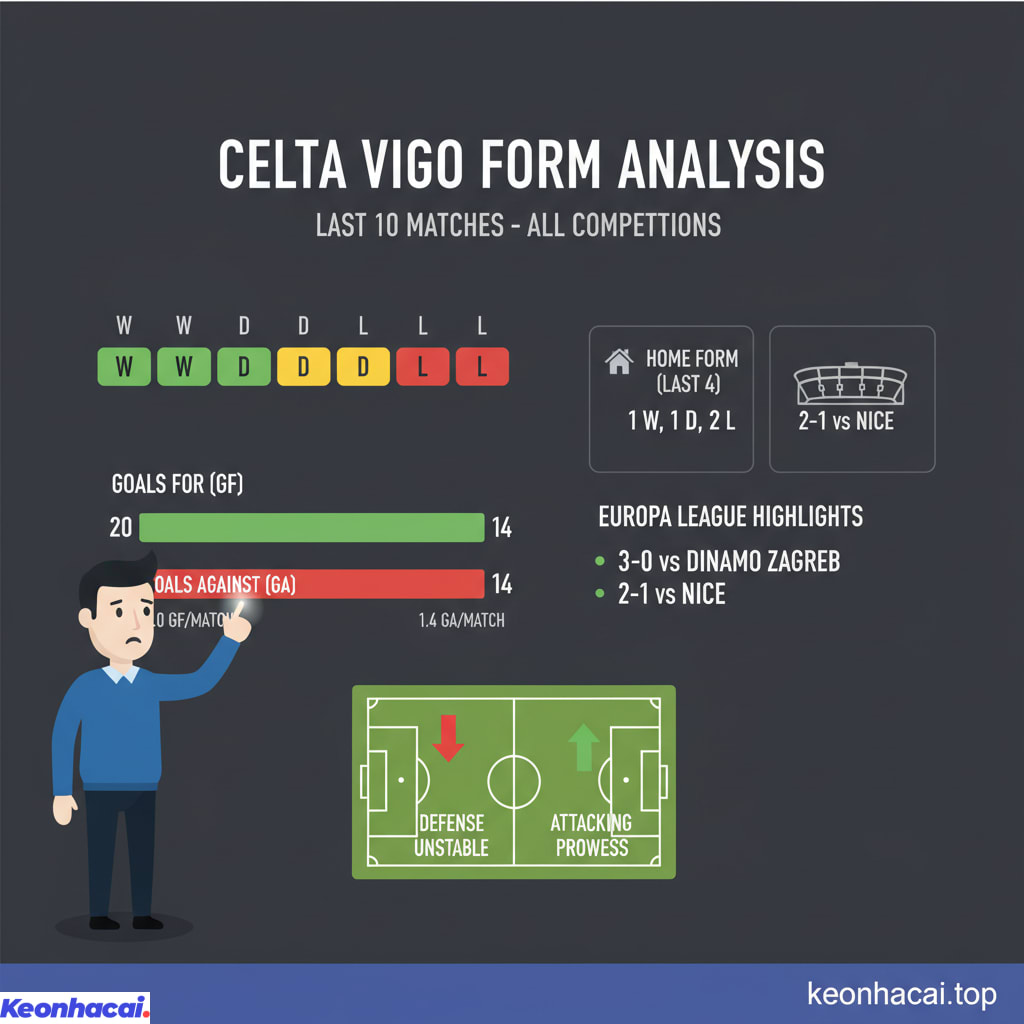 Celta Vigo có 5 chiến thắng, 2 trận hòa và 3 thất bại trong 10 trận gần nhất