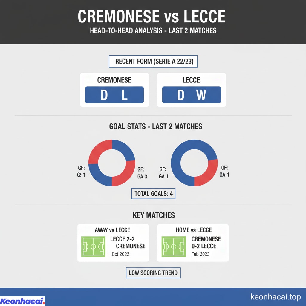 Trong 2 lần đối đầu gần nhất tại Serie A mùa giải 2022-2023, Cremonese hòa 1 trận trên sân của Lecce và thua 1 trận ngay trên sân nhà