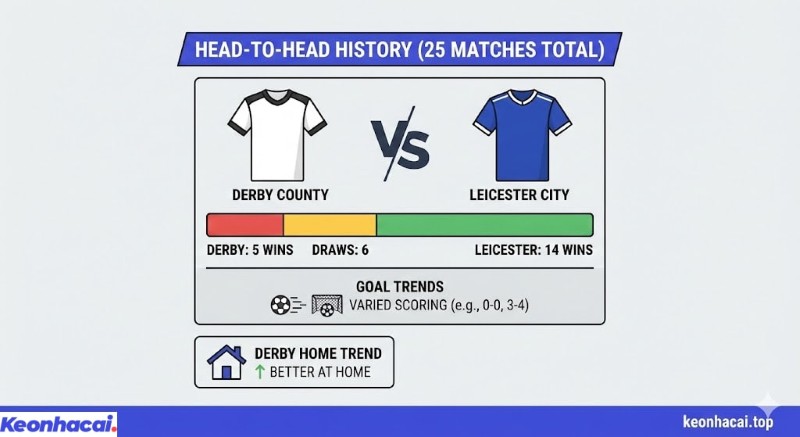 Infographic thống kê lịch sử đối đầu 25 trận giữa Derby County và Leicester City với 5 thắng, 6 hòa và 14 thua nghiêng về Leicester