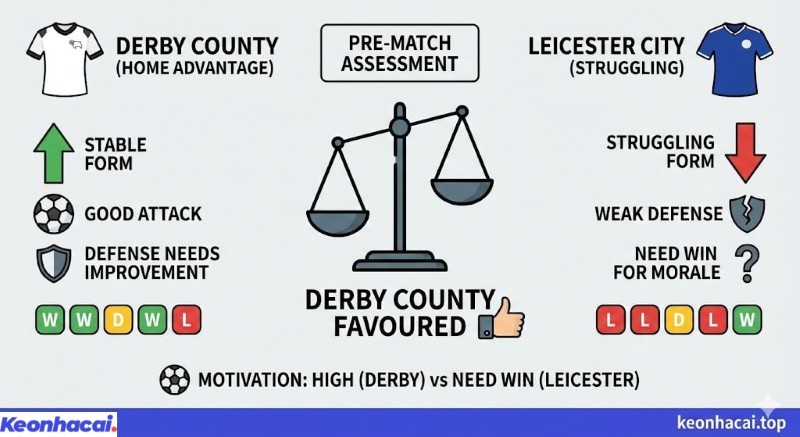 Infographic so sánh phong độ và đánh giá trận đấu Derby County vs Leicester City, với Derby County được đánh giá cao hơn nhờ lợi thế sân nhà và phong độ ổn định