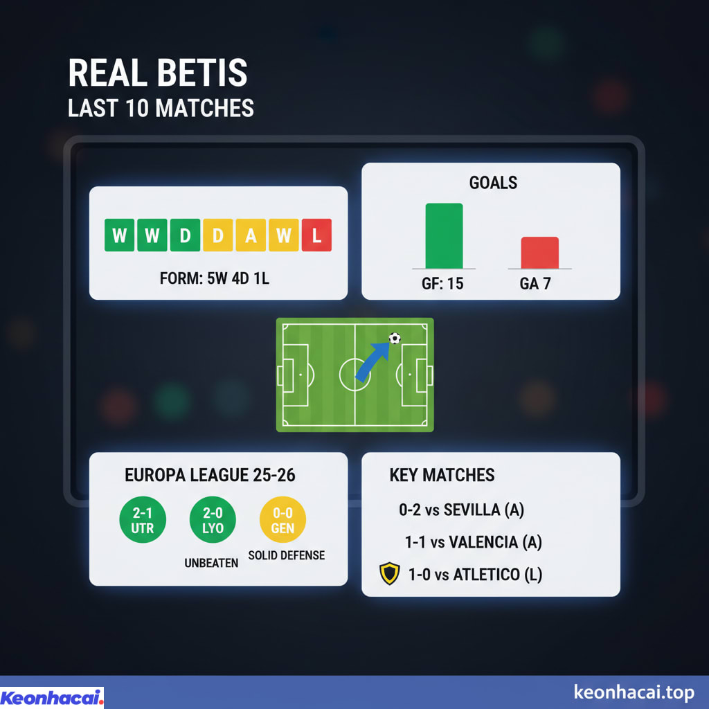 Betis đang trải qua một giai đoạn thi đấu tương đối thăng hoa với 5 chiến thắng, 4 trận hòa và chỉ duy nhất 1 thất bại trước đối thủ mạnh Atletico Madrid
