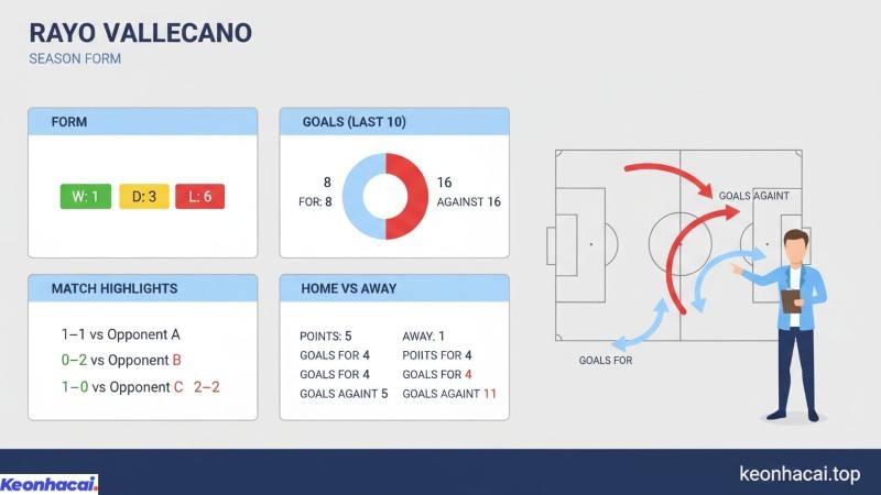 Trong 10 trận đấu gần nhất Rayo Vallecano chỉ có 1 chiến thắng trong 5 trận gần nhất trên mọi đấu trường, cùng với 3 trận hòa và 1 thất bại