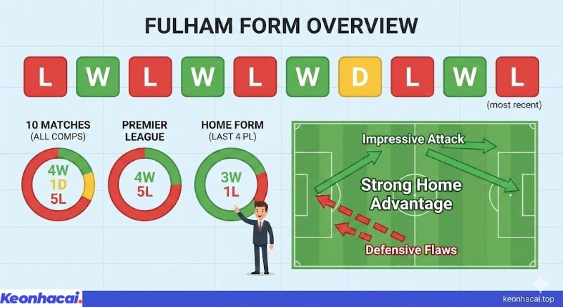 Infographic thống kê phong độ Fulham 10 trận gần nhất với 4 thắng, 1 hòa, 5 thua và phân tích lợi thế sân nhà