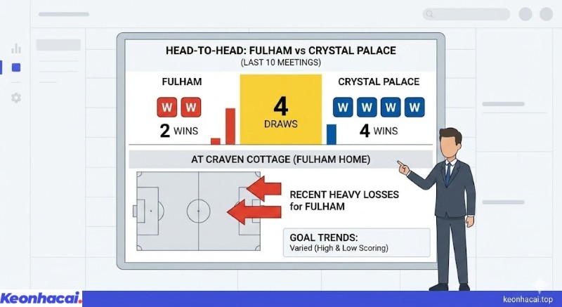 Infographic thống kê lịch sử đối đầu 10 trận giữa Fulham và Crystal Palace, với 4 chiến thắng cho Palace và lợi thế tại Craven Cottage
