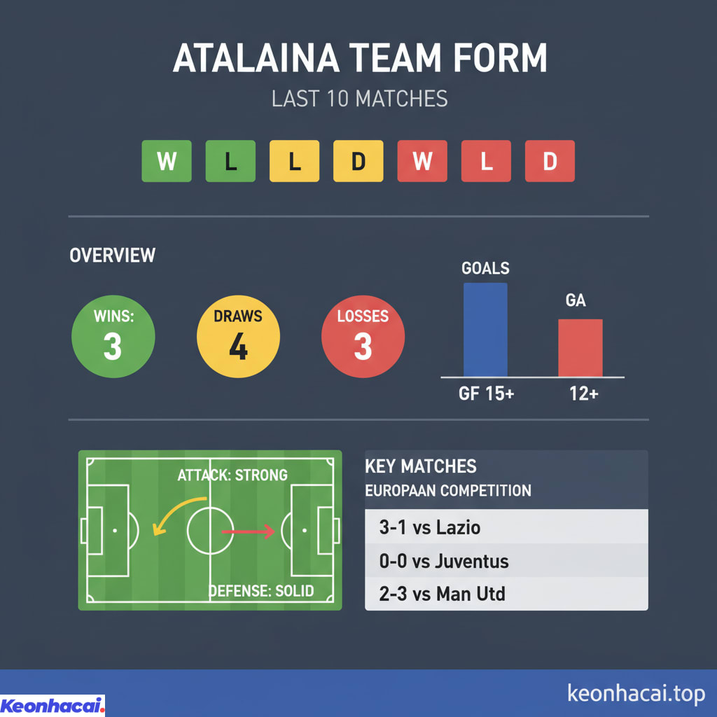 Atalanta giành được 3 chiến thắng, 4 trận hòa và để thua 3 trận trong 10 trận gần nhất