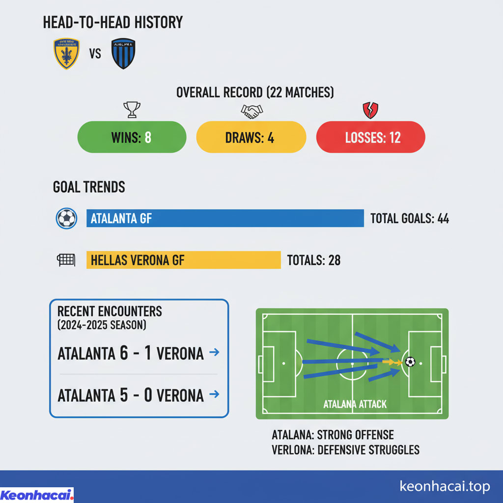Trong tổng cộng trong 22 lần đối đầu, Atalanta đã thắng 12 trận, Hellas Verona thắng 8 và hai đội hòa 4 trận