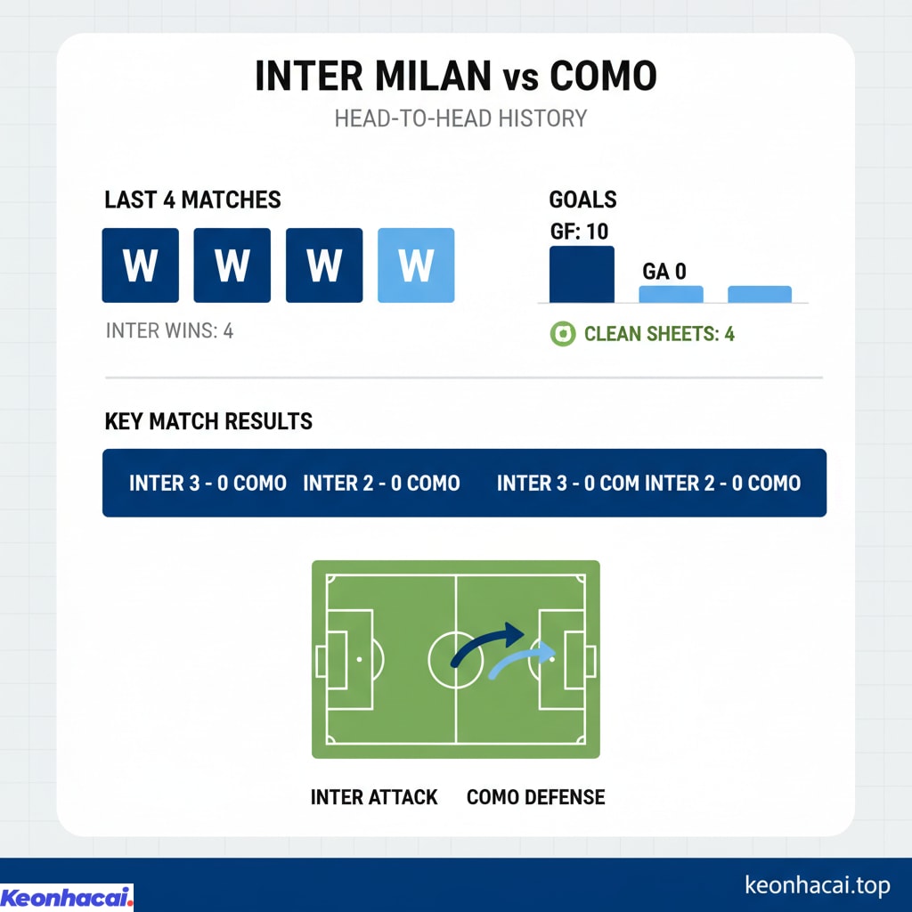 Inter Milan toàn thắng cả 4 lần đối đầu gần nhất với Como, ghi tổng cộng 10 bàn thắng và không để thủng lưới bất kỳ bàn nào