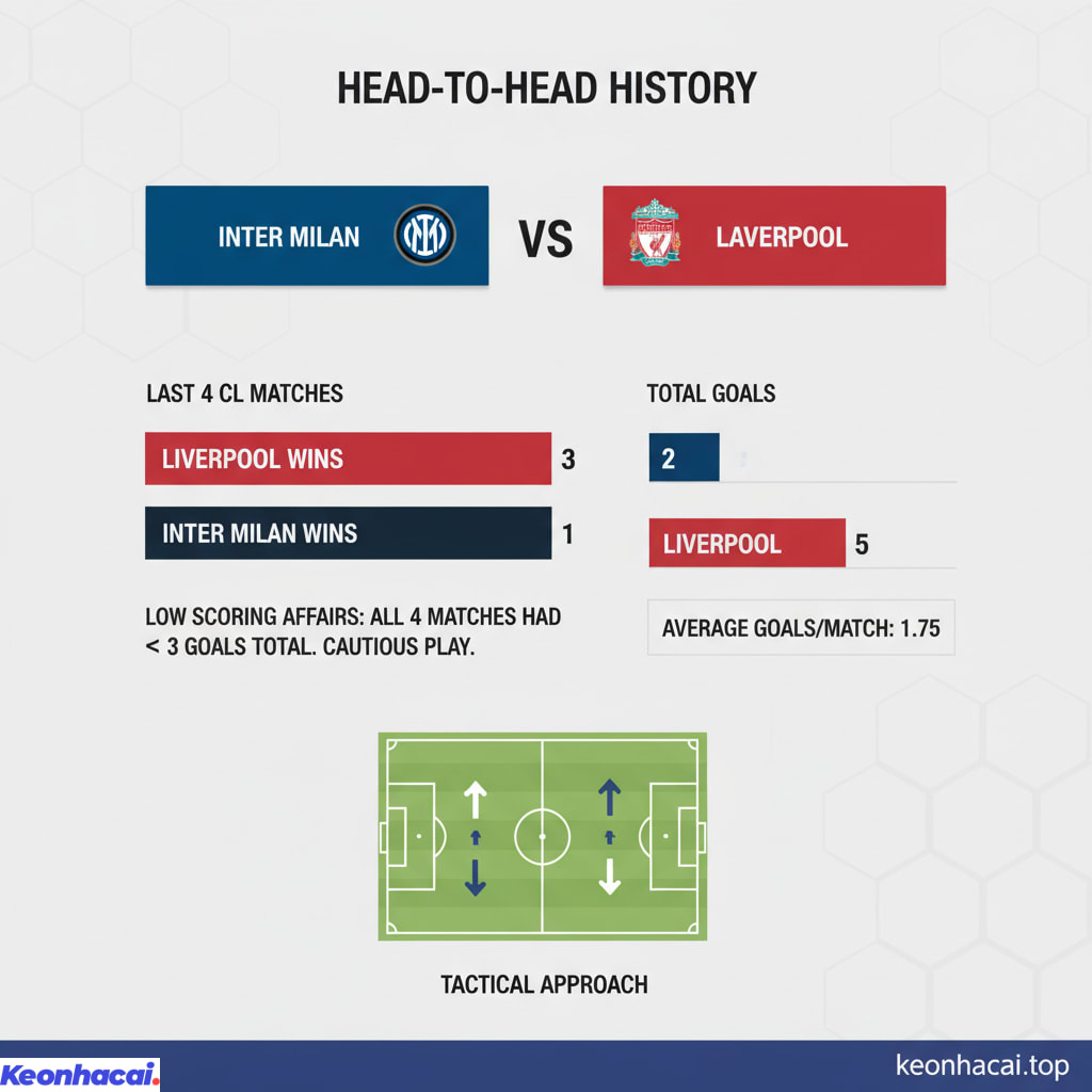 Trong tổng số 4 lần chạm trán gần nhất, Liverpool tỏ ra vượt trội với 3 chiến thắng, trong khi Inter Milan chỉ giành được 1 trận thắng