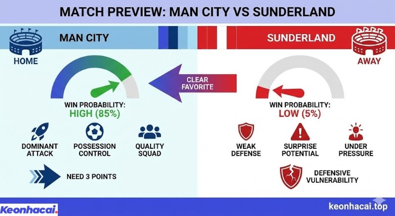 Infographic phân tích trước trận đấu Man City vs Sunderland với Man City được đánh giá cao hơn nhờ chất lượng đội hình và lợi thế sân nhà