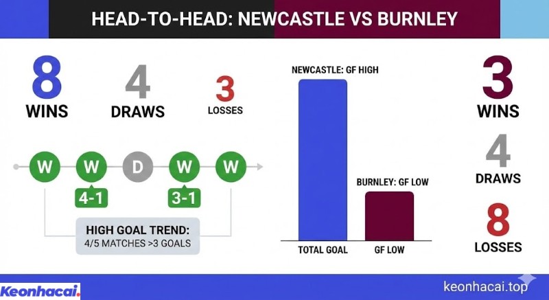 Infographic thống kê lịch sử đối đầu Newcastle vs Burnley với ưu thế nghiêng về Newcastle trong 15 trận gần nhất