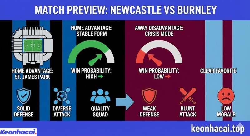 Infographic so sánh trước trận Newcastle vs Burnley, với Newcastle được đánh giá cao hơn nhờ lợi thế sân nhà và phong độ ổn định