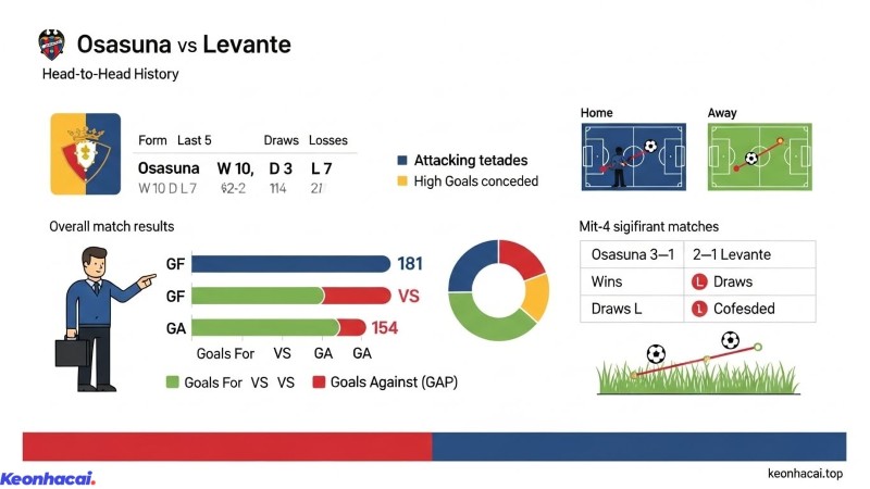 Bảng thống kê lịch sử đối đầu giữa Osasuna và Levante với Osasuna thắng 10 trận, Levante thắng 7 trận và hai đội hòa nhau 3 trận