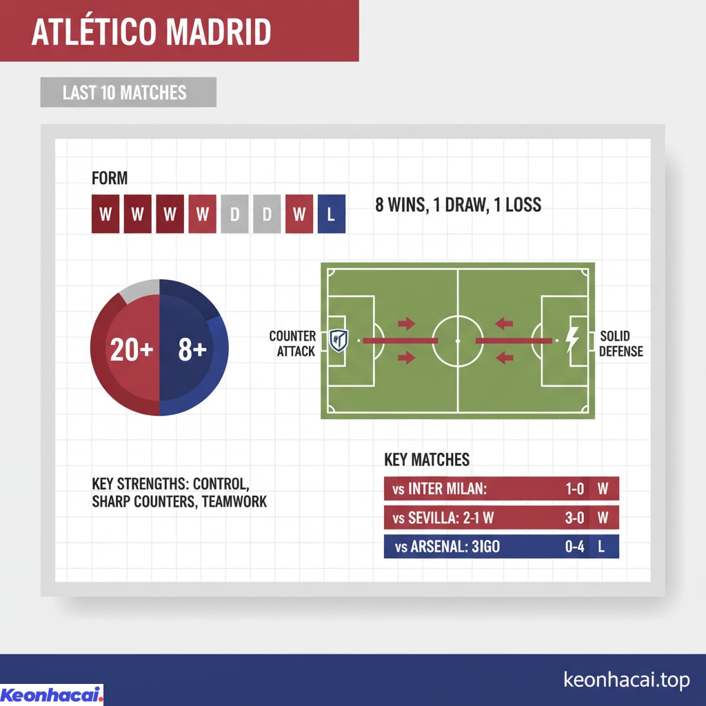 Atletico Madrid đang có chuỗi phong độ cực kỳ thăng hoa với 8 chiến thắng, 1 trận hòa và chỉ 1 thất bại trong 10 trận gần nhất