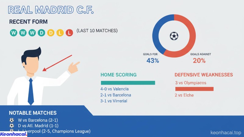 Trong chuỗi 10 trận đấu gần nhất Real Madrid có 6 chiến thắng, 3 trận hòa và chỉ 1 thất bại