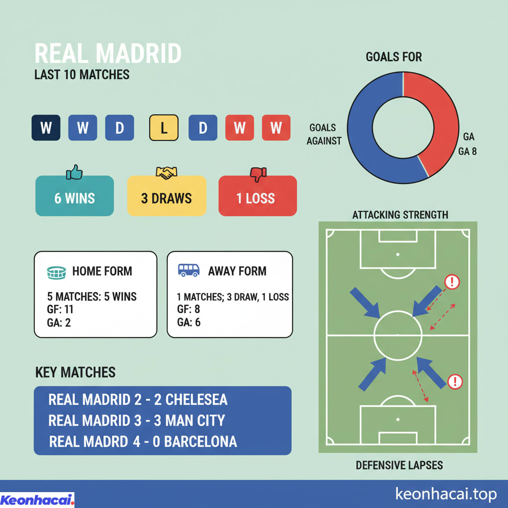 Real Madrid đã giành 6 chiến thắng, hòa 3 trận và chỉ thua 1 trong 10 trận gần nhất