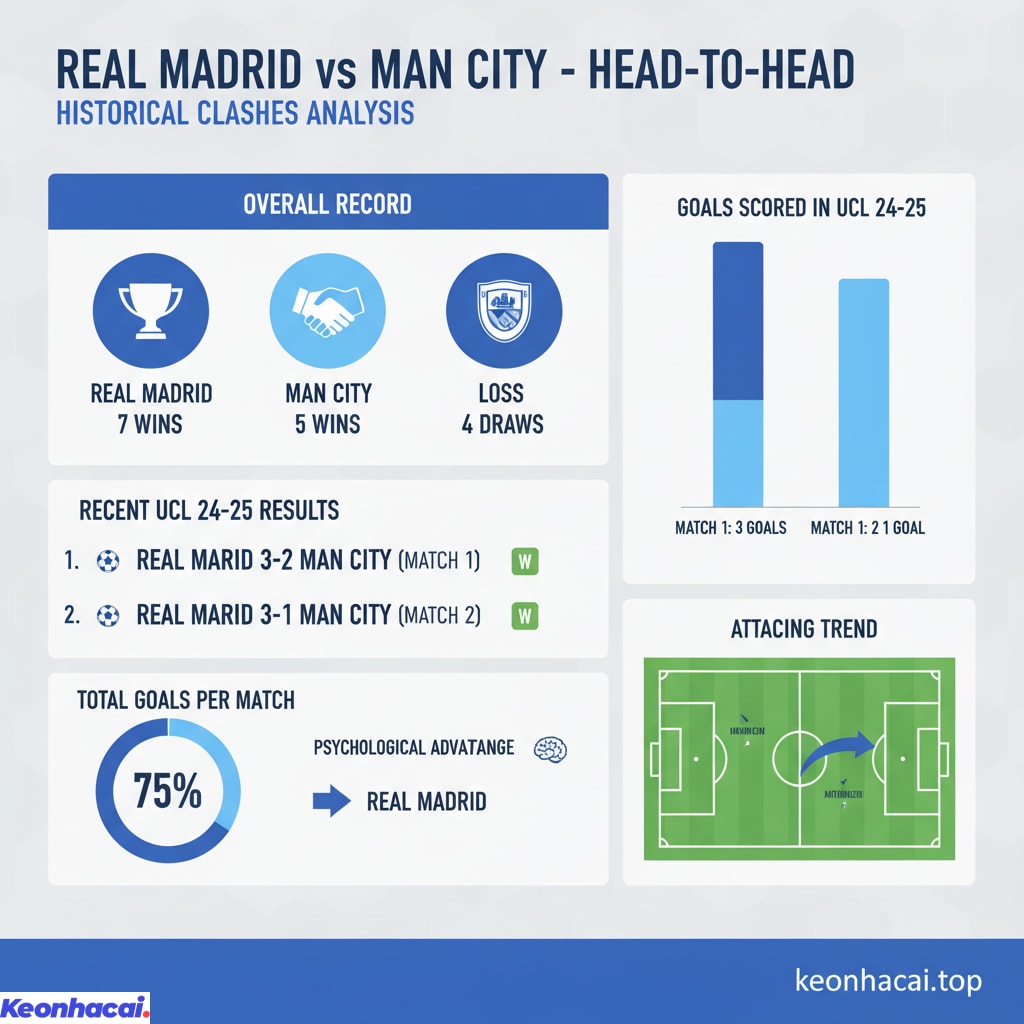 Lịch sử đối đầu giữa 2 đội với Real Madrid có 7 chiến thắng, Man City thắng 5 và hai đội hòa 4 trận