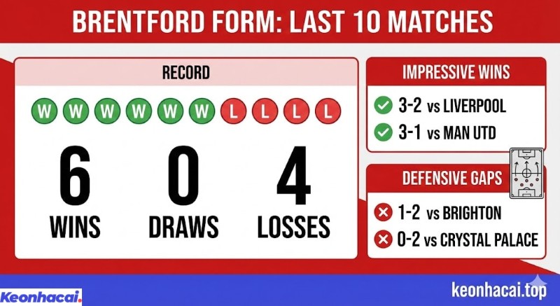 Infographic thống kê phong độ 10 trận gần nhất của Brentford, với 6 trận thắng, 4 trận thua và các chiến thắng ấn tượng trước các đội lớn