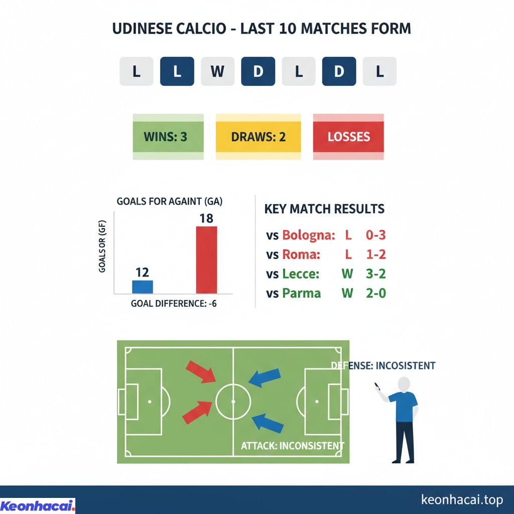 Udinese chỉ giành được 3 chiến thắng, 2 trận hòa và tới 5 thất bại trong 10 lần ra sân gần nhất