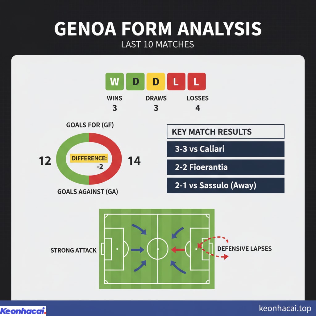 Genoa giành được 3 chiến thắng, 3 trận hòa và 4 thất bại trong 10 trận gần nhất