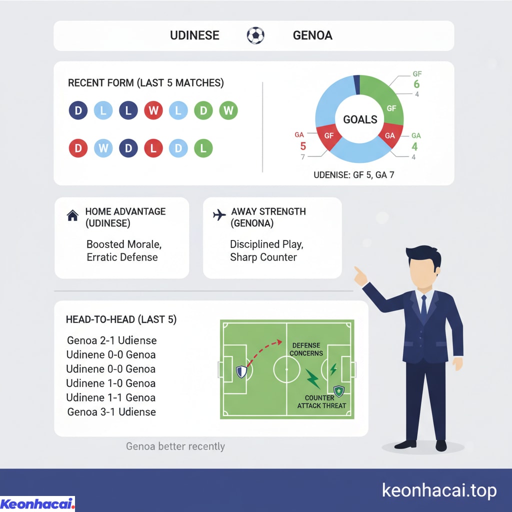 Udinese có lợi thế sân nhà, nhưng phong độ ổn định hơn cùng thành tích đối đầu gần đây nhỉnh hơn giúp Genoa được đánh giá cao hơn một chút về mặt chuyên môn trong trận đấu này
