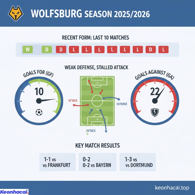 Wolfsburg đang trải qua giai đoạn khủng hoảng phong độ với chỉ 1 chiến thắng, 1 trận hòa và tới 8 thất bại trong 10 trận đấu gần nhất